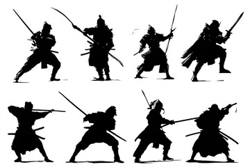 Set man people silhouettes Silhouettes of men in historical warrior poses sharp and dramatic full black silhouettes isolated on white background