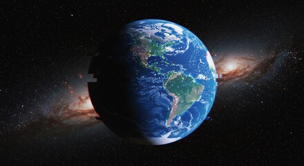 Earth Glitch: Digital Distortion of Planet Earth in Space, Galaxy Backdrop.
