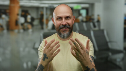 Man with beard and tattoos giving thumbs up in an indoor airport terminal with chairs visible in...