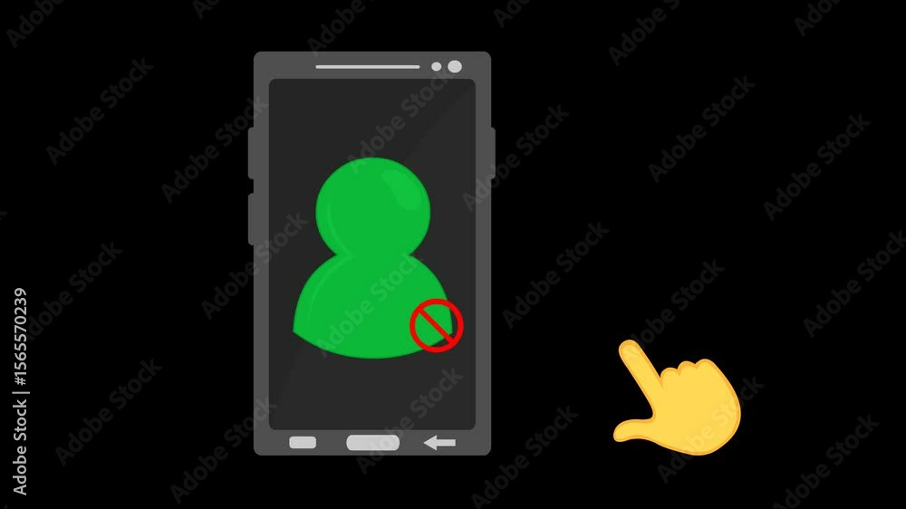 Poster video animation hand blocking and unlocking user contact from mobile phone device, on a transparent 