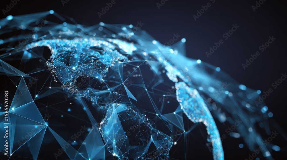 Poster technology image of globe. abstract polygonal shapes. background with connecting dots and lines. gra