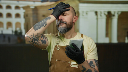 Bald man with beard and tattoos in urban setting wearing gloves and overalls, focused on notepad...