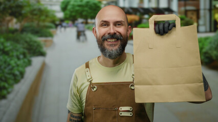 Man with beard holding paper bag on urban street wearing overalls and glove in city setting...