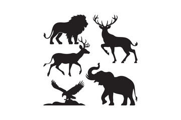 Collection of majestic animal silhouettes featuring a lion deer elephant and eagle