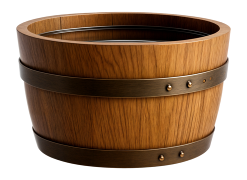 Half-barrel water container with a rustic metal band, suitable for decorative use in a garden.