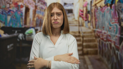 Young blonde woman in casual top crosses bare arms over chest on graffiti lined city street; cold...