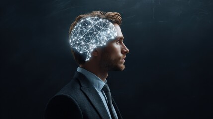 Portrait of young businessman with glowing polygonal brain on blackboard background. Artificial intelligence and robot concept. Multiexposure, no logos, no brands
