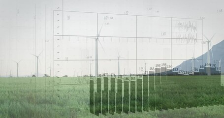 Grid overlay appearing over wind turbine field causing waveforms and growing bars tracking output - Powered by Adobe