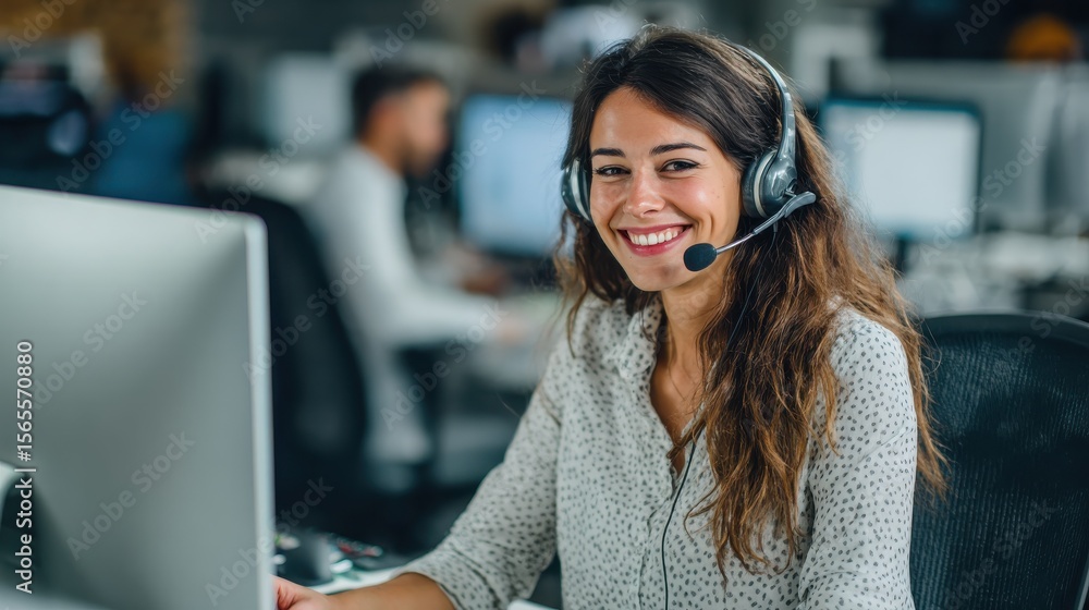 Poster customer support phone operator working at computer. happy call center agent working on support hotl