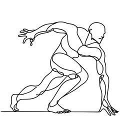 Passionate Urge — starting pose of handsome man: elegant theatrical gesture in minimalist single-line black drawing. One line art.