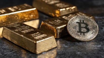 Close-up of gold bars and a physical Bitcoin, juxtaposing traditional and digital forms of wealth, highlighting the contrast and potential transition in value storage.