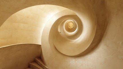 Obraz premium Abstract spiral shape architecture background. Shaped bottom stone staircase spiral design, paler hues. Monochrome cream. Elegant antigue tones. neutral colors. Divine Golden Ratio aesthetic concept 