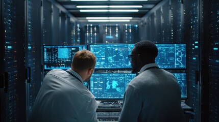 Data Analysis Duo: A focused team of IT professionals collaborates, reviewing data on a large interactive screen in a modern server room.