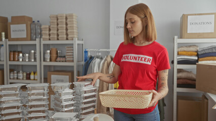 Young woman volunteer organizing supplies in an indoor donation center, wearing a red shirt and surrounded by shelves of food and clothing donations.