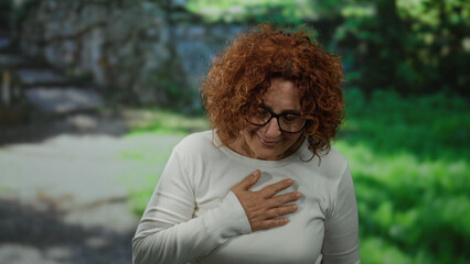 Brunette woman in glasses expressing gratitude in a serene outdoor park setting, surrounded by lush...