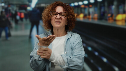 Woman with curly hair at indoor train station holding her wrist in pain, surrounded by a blurry crowd in the background.