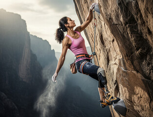 Female Amputee Athlete Ascending Misty Canyon Rock Face