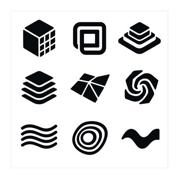 3D Form Icon Set. Solid, filled icons set of 3D form patterns: voxel cube, extrusion loop, height map, depth