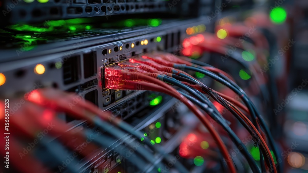 Poster close-up of a modern data server with numerous ethernet cables connected, glowing red and green ligh