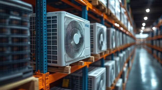 Air conditioners on warehouse shelves