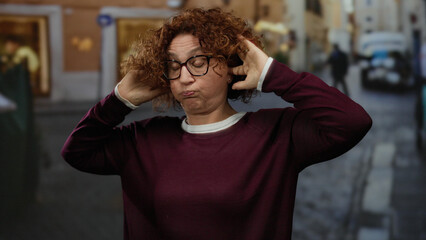 Woman with curly hair stands on city street covering ears with hands, wearing glasses and maroon...