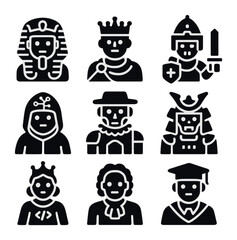 Historical AI Icons. Solid, filled icons set of historical AI figures: AI pharaoh, digital emperor, pixel