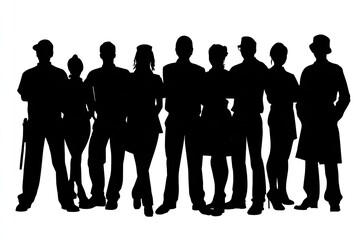 Set people silhouettes of diverse professions standing side by side clean white backdrop detailed outlines full black silhouettes isolated on white background