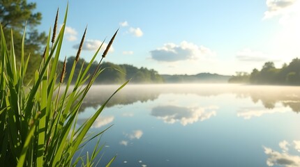 A crisp and realistic photo of tall sunlit reeds swaying beside a calm lake, with soft reflections and distant tree silhouettes mirrored in the water -