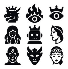 Fantasy Icon Set. Solid, filled icons set of AI royalty fantasy: dragon crown, fire gaze, gold eye, enchanted