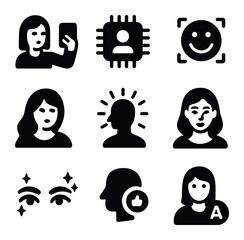 AI Influencer Icons. Solid, filled icons set of AI influencers: selfie gaze, follower chip, smile algorithm,