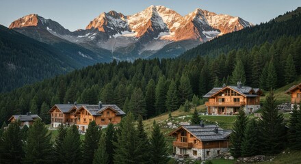 Alpine chalet village at dawn. Mountain range in background
