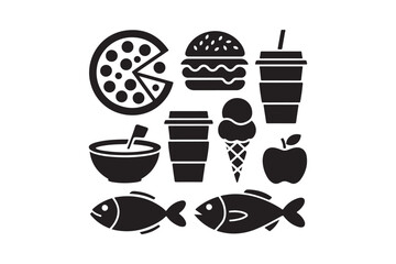 Collection of black silhouette icons representing various food and drink items