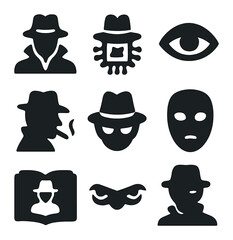 Noir Detective Icons. Solid, filled icons set of detective noir AI: trenchcoat face, fedora chip, shadow eye,