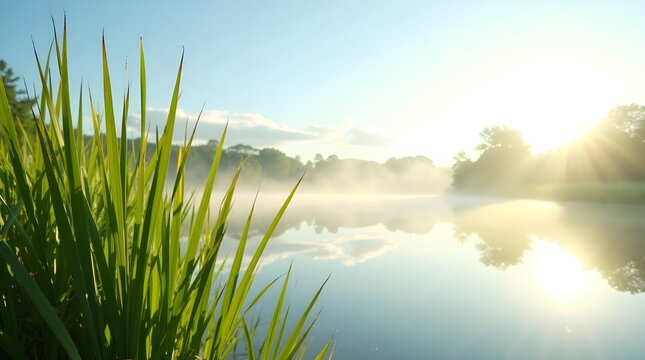A crisp and realistic photo of tall sunlit reeds swaying beside a calm lake, with soft reflections and distant tree silhouettes mirrored in the water -