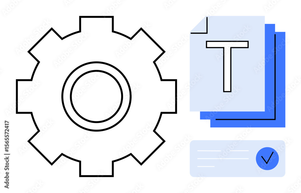 Poster gear paired with document stack featuring a text placeholder and blue checkmark. ideal for workflow,