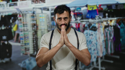 Hispanic man with beard in white shirt and suspenders expresses gratitude outdoors on a busy street...