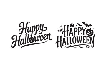 Happy Halloween lettering with pumpkins and bats in black and white
