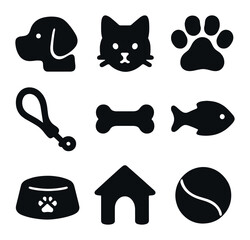 Minimalist Pet Care Icons. Solid, filled icons set of minimalist pet care: dog, cat, paw, leash, bone, fish,