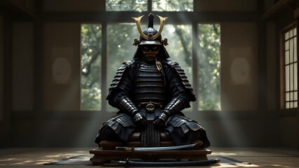 Ancient Samurai Warrior Armor in Traditional Japanese Room with Sunbeams