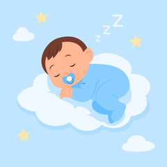 Cute baby sleeping on a  cloud. Concept of newborn comfort sleep. Vector illustration