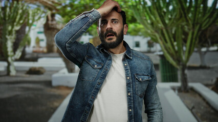 Hispanic man with beard in a denim jacket stands outdoors in a park, surrounded by green trees,...
