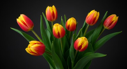 Obraz premium Vibrant red and yellow tulips arranged in a bouquet against a dark background