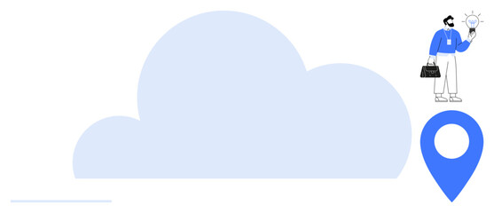 Cloud shape, map pin, and businessman holding a lightbulb. Ideal for technology, innovation, cloud computing, business strategy, geography creativity modern workflow. A simple flat metaphor