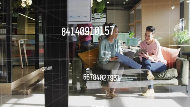 Floating numbers materializing over office and guiding co-workers opening folder and swiping tablet