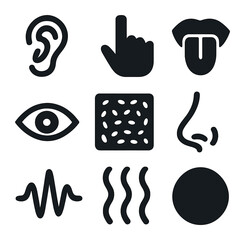 Sensory Icons Grid. Solid, filled icons set of sensory collage: ear sketch, touch hand, taste mark, nose line,