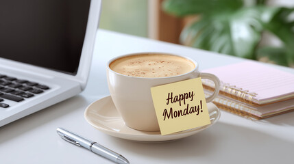 Happy Monday coffee cup on desk with laptop and notebook, positive start to the workweek