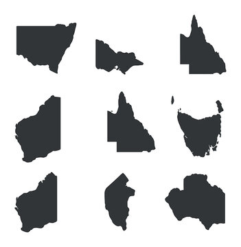 Australian State Maps Icons. Solid, filled icons set of Australian state maps: New South Wales, Victoria,
