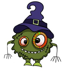 Cute green Halloween monster with witch hat and bulging eyes – cartoon character for kids, spooky holiday design, funny creature illustration,  clipart for Halloween party or decor.