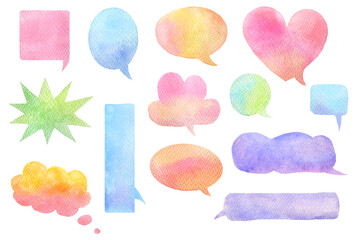 Watercolor speech bubbles in various shapes and sizes, including rectangles, ovals, a heart, and cloud forms. 