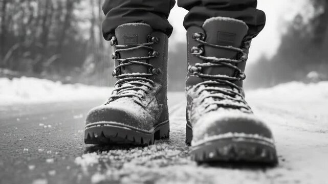Feet in snow boots walking on a winter road.